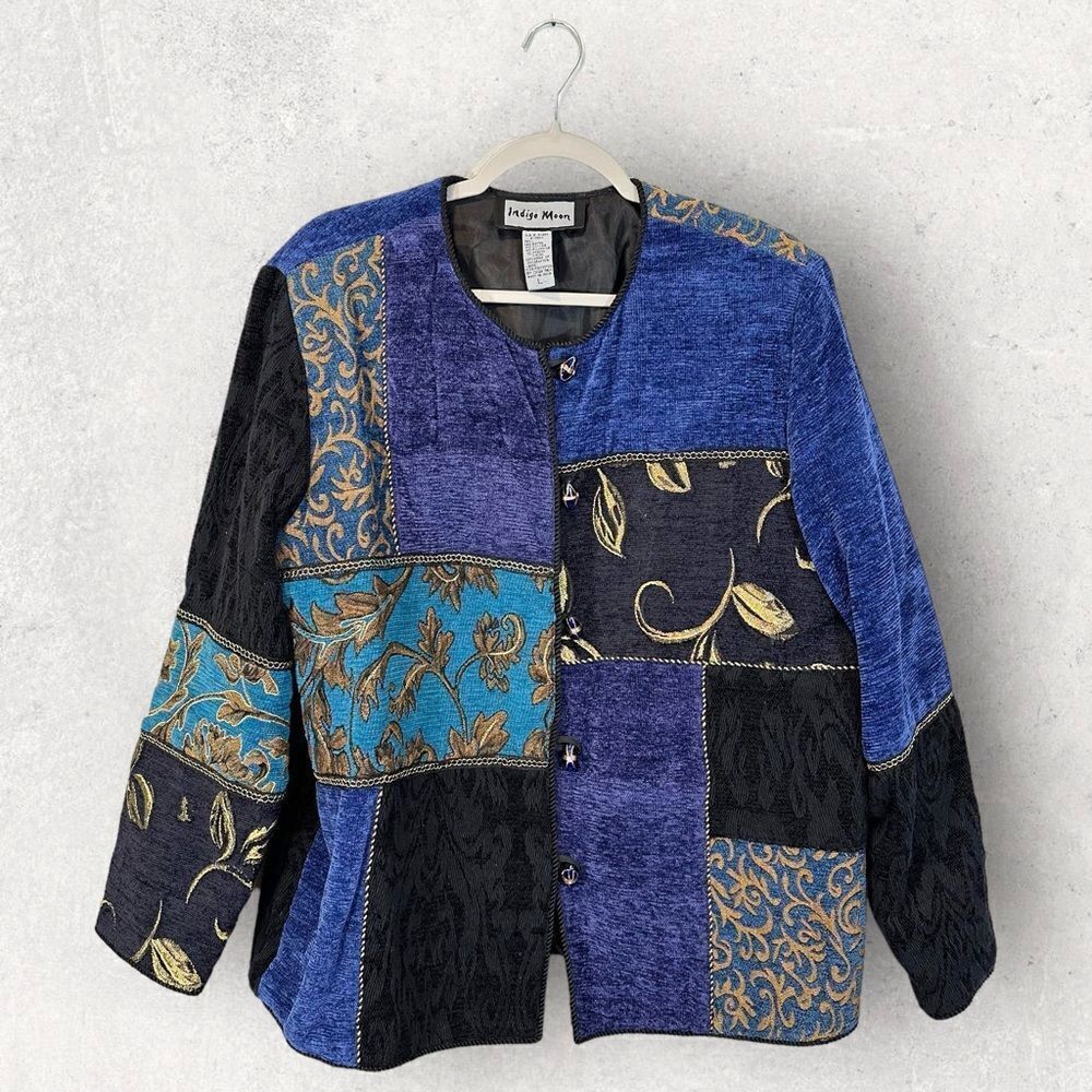 Indigo Moon Jacket Blue Velour Cardigan Carpet Style Button Front Size L